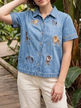 Vintage Lemon Grass Sm Petite Embroidered Safari Denim Shirt Novelty Print Y2K